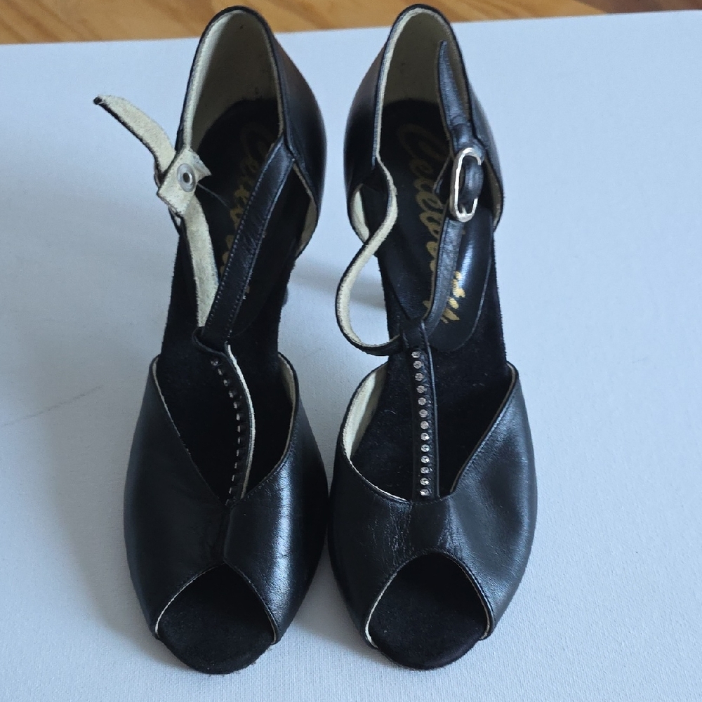 Black Peep-Toe T-Strap Heels with Subtle Rhinestone Detail